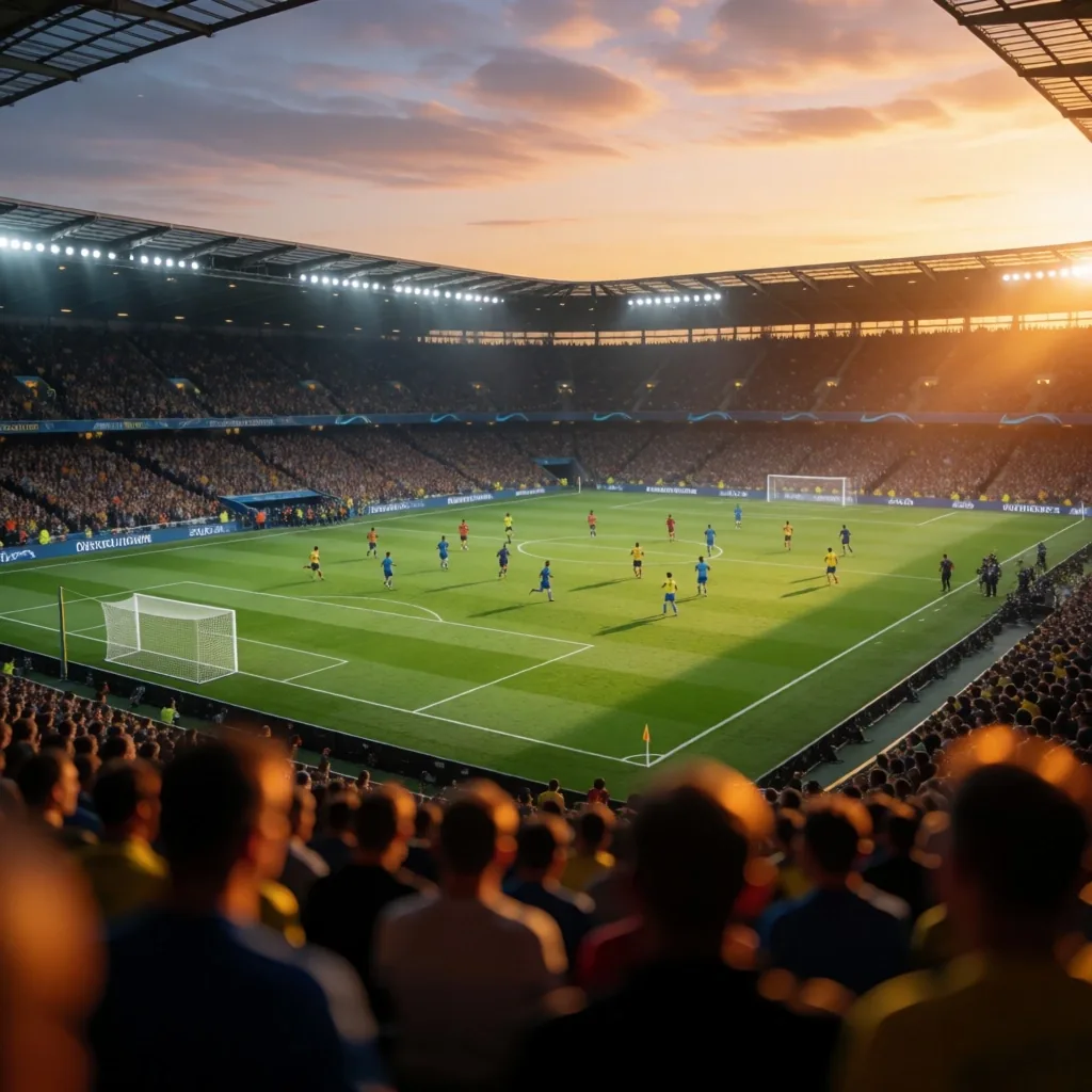 Partida de futebol vista das arquibancadas ao entardecer