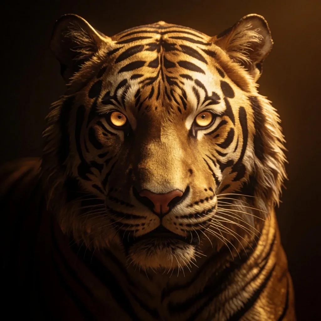 Face de tigre dourado emergindo da escuridão