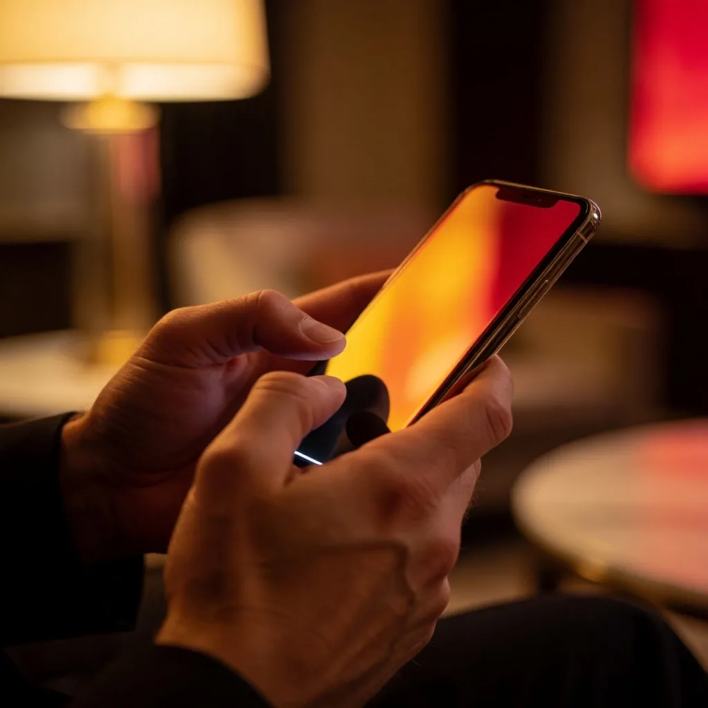 Mão segurando smartphone em ambiente com luz quente